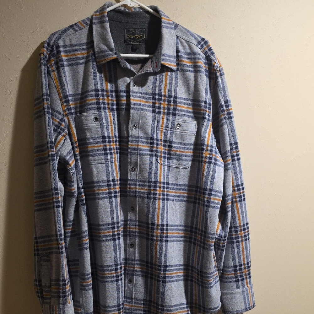 Threadgrit Mens Blue, Orange, And Grey Plaid Button-Up Shirt XL